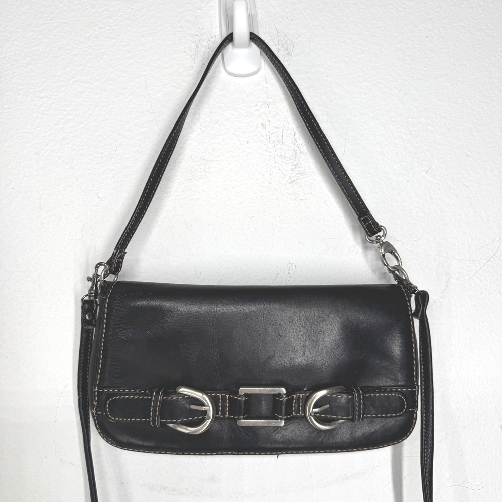 Vintage Y2K Black Genuine Leather Baguette Crossbody Shoulder Bag Buckle Purse